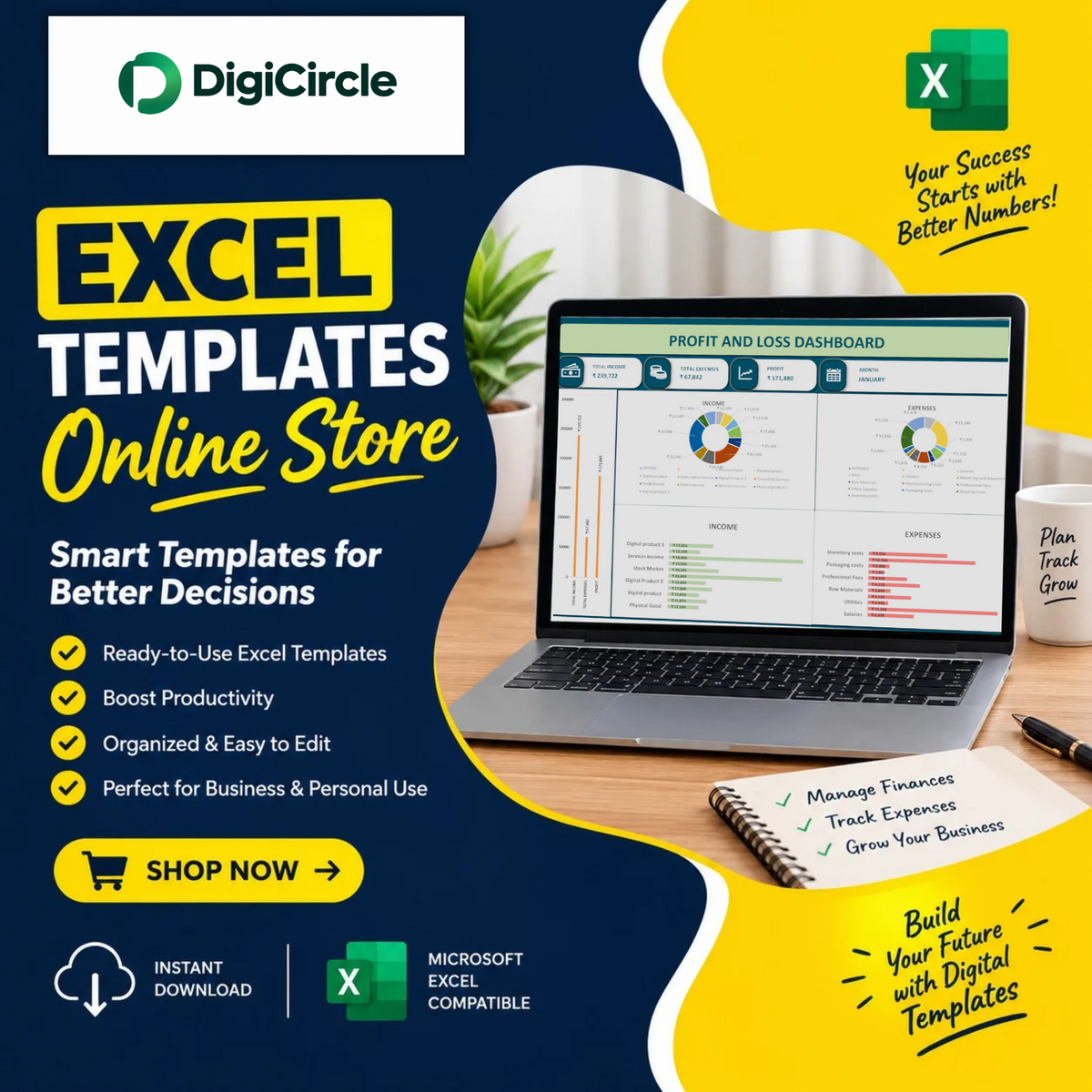 Profit & Loss Excel Template | Income & Expense Tracker with Financial Dashboard